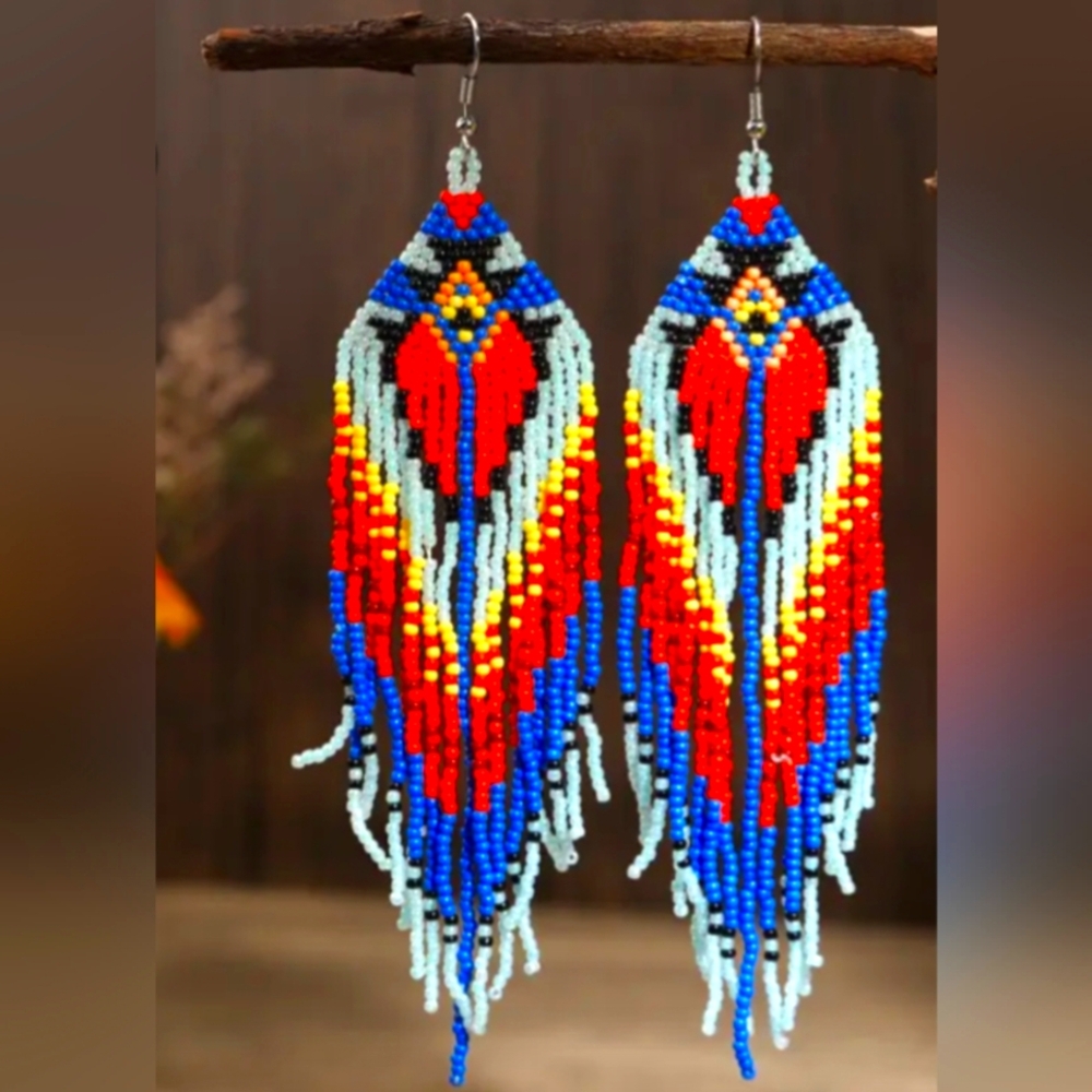 Native American Beaded Earrings Multi Colors 5.7 Inches Long New